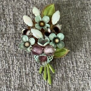 Vintage Floral Enamel Brooch with Green and Purple Accents